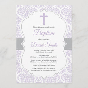 Convites Menina Batismo Convocando Roxo e Cinza Damasco