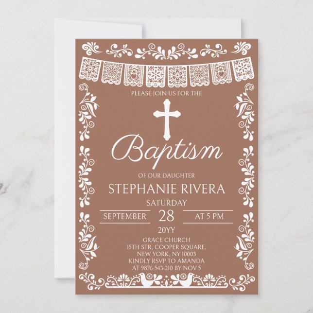 Convites Menina Batismo Terracota Papel Picado (Frente)