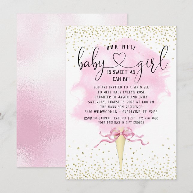 Convites Menina Bebê Chá de Bebê Algodão Doce Rosa Dourado (Frente/Verso)