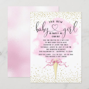 Convites Menina Bebê Chá de Bebê Algodão Doce Rosa Dourado