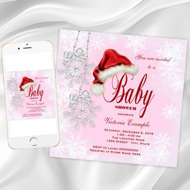 Convites Menina Bebê Chamada Natal Chapéu de Papai Noel Flo (Pink snowflake Christmas baby shower invitation. Instant download and printed invitations available.)