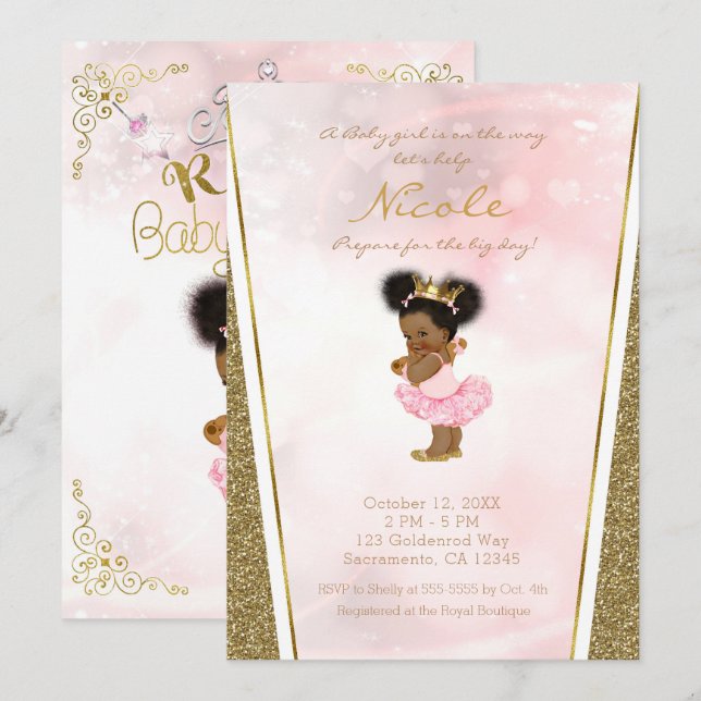 Convites Menina Bebê Preta Princesa Brilho Dourado Rosa Vin (Frente/Verso)