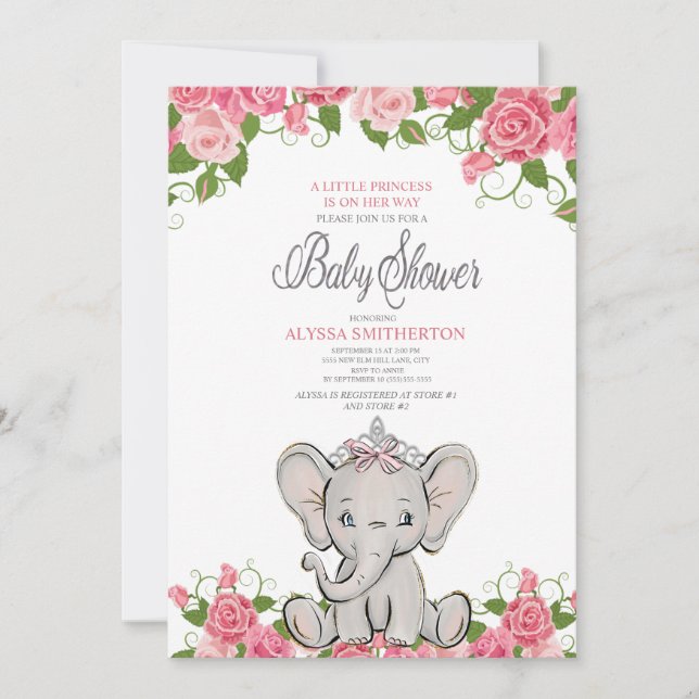 Convites Menina Bebê Princesa Tiara Elefante Rosa Floral (Frente)