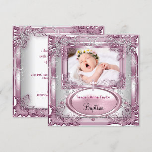 Convites Menina Bebê Rosa Batizado Batismo Cruz Branco