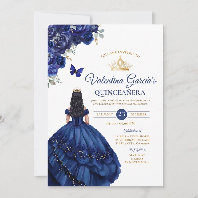 Convites Menina Blue Dress Quinceañera 15 Anos Flores Doura (Frente)