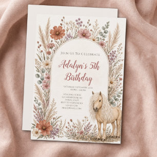 Convites Menina Boho Flor Silvestre Cavalo 5º Aniversário