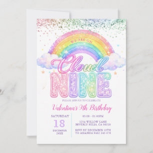 Convites Menina Brilho Arco-Íris Pastel Nove Aniversário