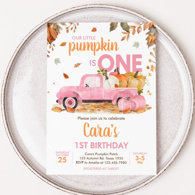 Convites Menina Caminhão de Abóbora Rosa de Aniversário de  (Pink Pumpkin Truck Fall Birthday Invitation)