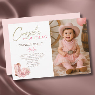 Convites Menina Caubói Rosa Script Foto 1º Aniversário