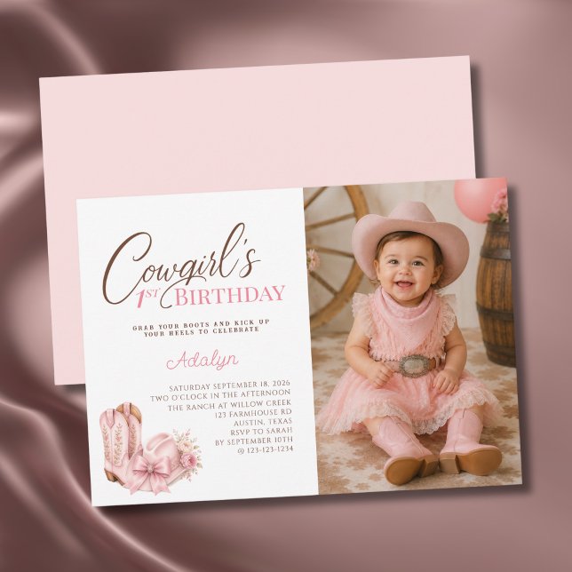 Convites Menina Caubói Rosa Script Foto 1º Aniversário (Criador carregado)