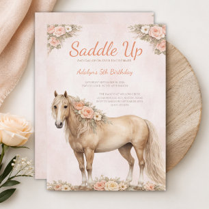Convites Menina Cavalo Floral Pêssego 5º Aniversário