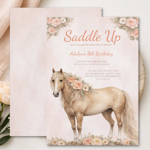 Convites Menina Cavalo Floral Pêssego 8º Aniversário