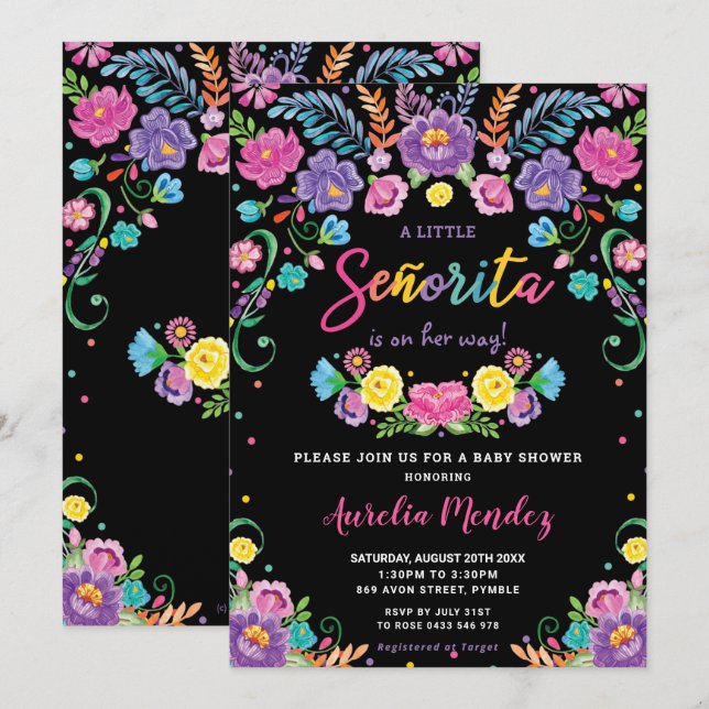 Convites Menina Chá de fraldas Chic Mexicana Floral (Frente/Verso)