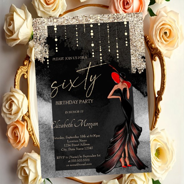 Convites Menina Chic Glitter Aniversário de 60 anos  (Criador carregado)