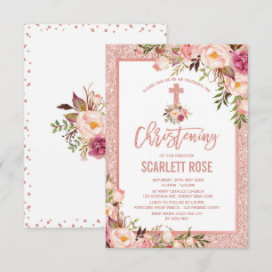 Convites Menina Chic Rosa Dourada Floral Christening