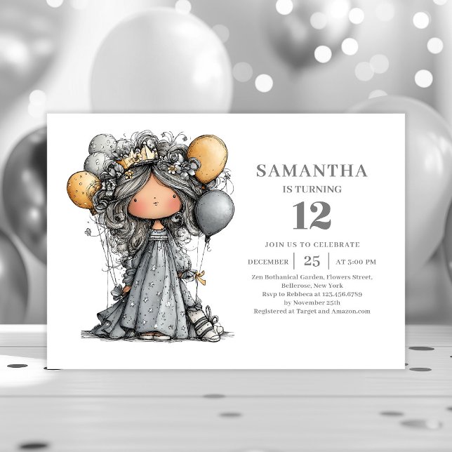 Convites Menina Chique e Excêntrica Aniversário de 8 anos F (Whimsical Girl 8th Birthday Black Gold Party invitation)