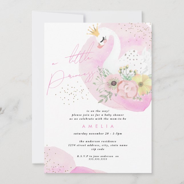Convites Menina Cisne Princesa Rosa Dourado Chá de Bebê (Frente)
