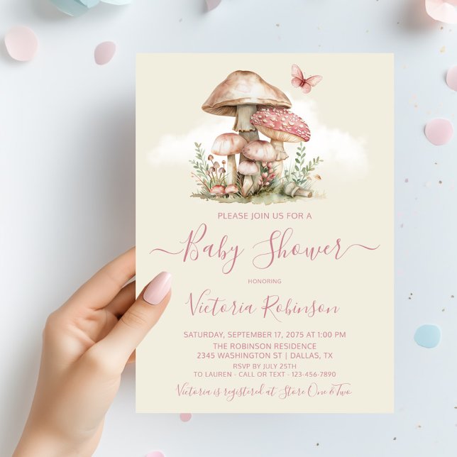 Convites Menina Cogumelo Rosa Borboleta Chá de Bebê (Girl mushroom baby shower invitation with butterfly. You can change the background color.)