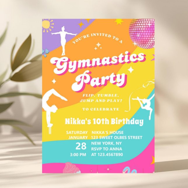 Convites Menina Colorido Retro Ginástica Ginasta Aniversári (gymnastics birthday invitation, gymnast party invite, girls gymnastics party, flip tumble party invi)