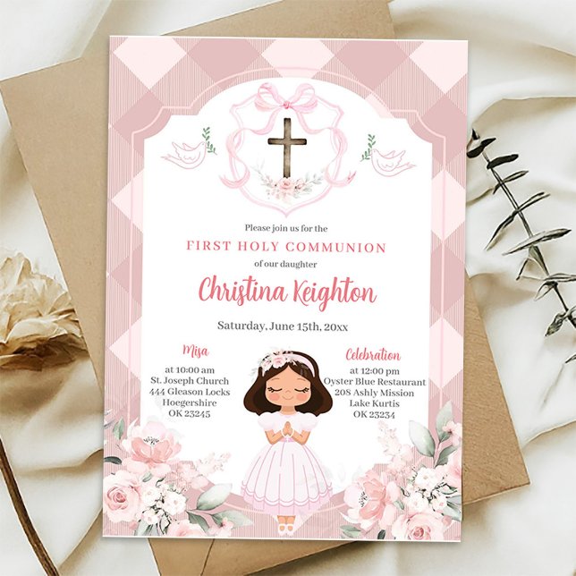 Convites Menina com Crista de Fita Rosa Primeira Comunhão (Criador carregado)