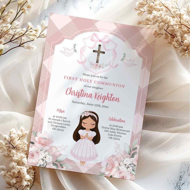 Convites Menina com Crista de Fita Rosa Primeira Comunhão (Criador carregado)