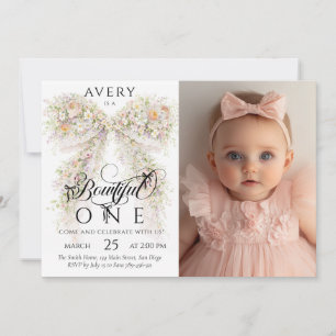 Convites Menina com Laço Floral Foto Primeiro Aniversário