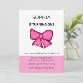 Convites Menina com Laço Rosa Aniversário de 1 Ano
