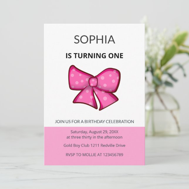 Convites Menina com Laço Rosa Aniversário de 1 Ano  (Em pé/Frente)