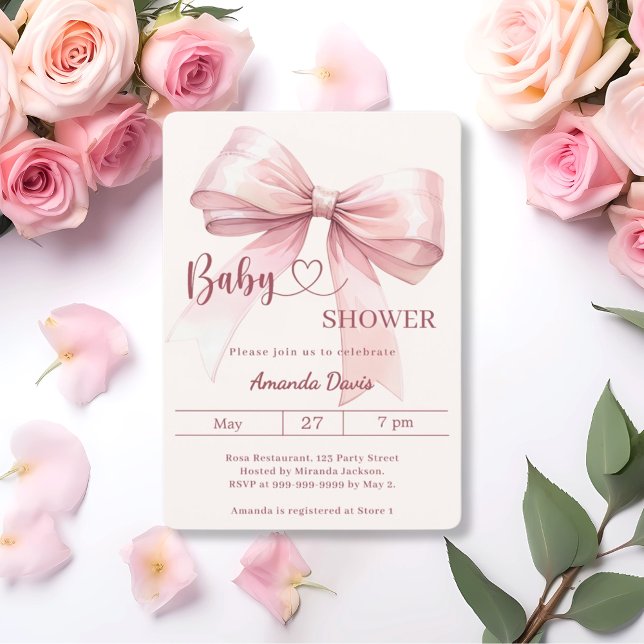 Convites Menina com laço rosa Churrasco de Bebê bege creme (Criador carregado)