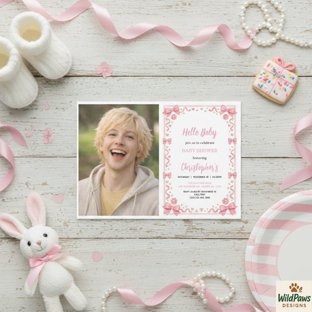 Convites Menina com Laço Rosa Chuvada de Bebê – Foto Divert (Pink Bow Girl Baby Shower – Cute & Fun Photo Invitation
)