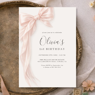 Convites Menina com Laço Rosa no 1º Aniversário