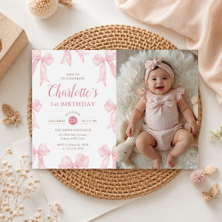 Convites Menina com Laço Rosa no Aniversário de 1 Ano em Fo