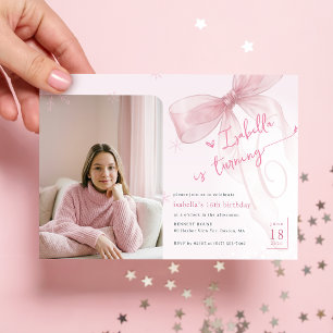 Convites Menina com Laço Rosa no Inverno Foto Aniversário d