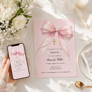 Convites Menina com laço rosa pérolas elegante Batismo