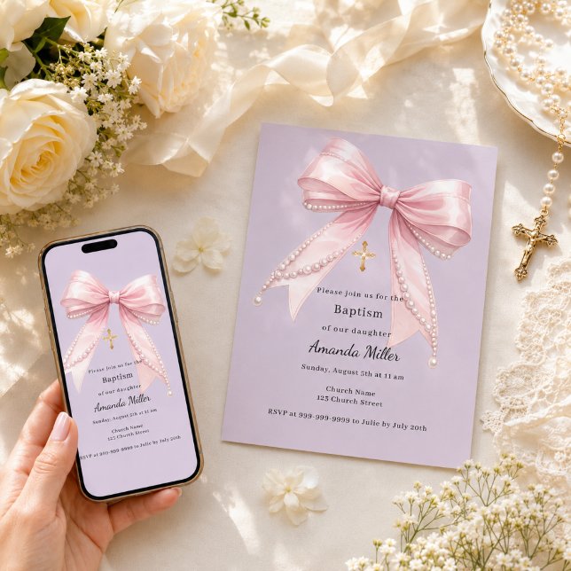 Convites Menina com laço rosa pérolas lavanda Batismo (Criador carregado)