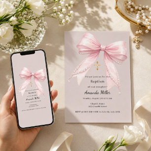 Convites Menina com laço rosa pérolas taupe Batismo