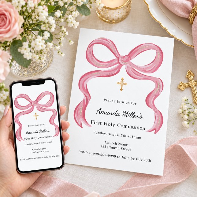 Convites Menina com laço rosa Primeira Comunhão (Criador carregado)