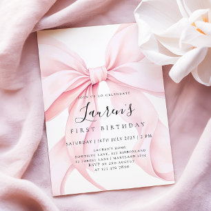 Convites Menina com Laço Rosa Primeiro Aniversário 