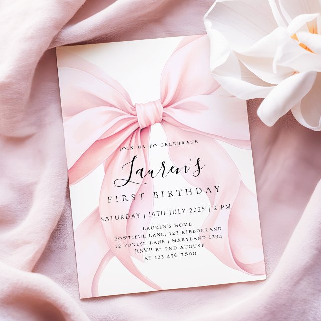 Convites Menina com Laço Rosa Primeiro Aniversário  (Criador carregado)