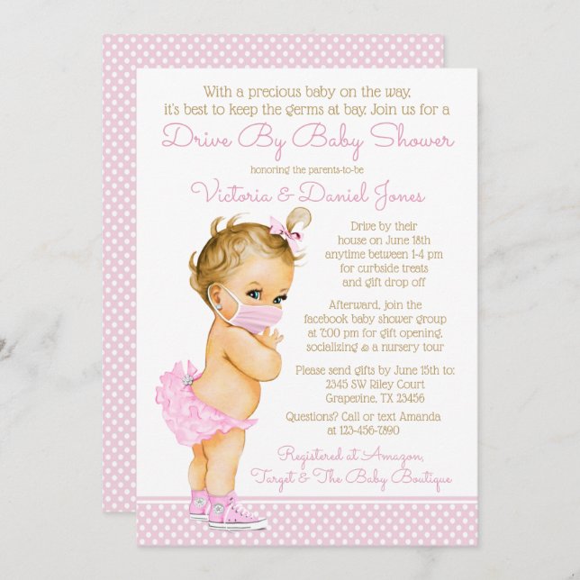 Convites Menina Com Máscara De Chá de fraldas (Frente/Verso)