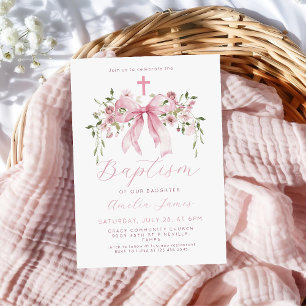 Convites Menina Coquete de Floral com Laço Rosa Batismo 