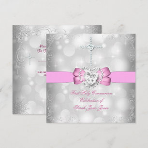 Convites Menina Cor-de-rosa branca de primeira comunhão