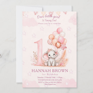 Convites Menina cor-de-rosa elefante floral 1º aniversário