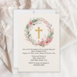 Convites Menina Cruz Dourada Rosa Floral Religioso Batismo