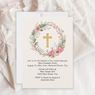Convites Menina Cruz Dourada Rosa Floral Religioso Batismo 