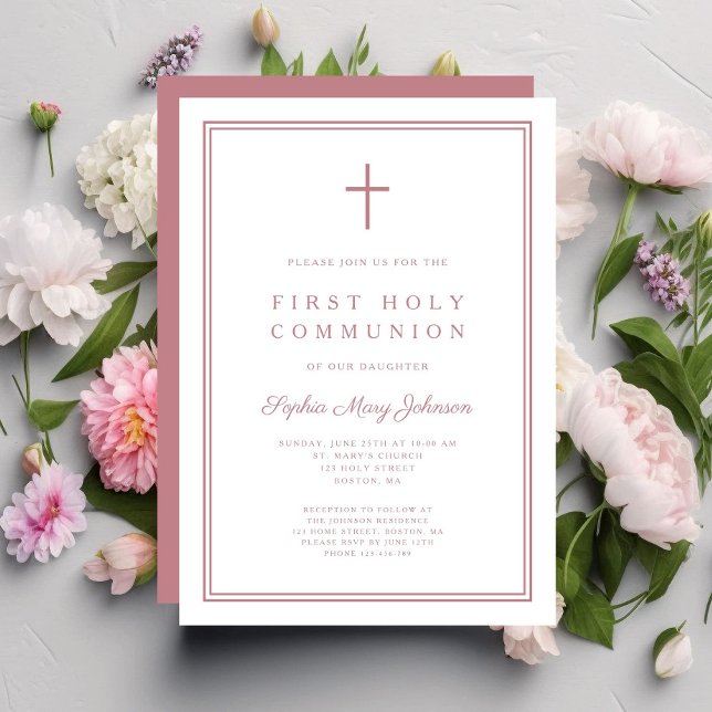 Convites Menina Cruz Rosa Elegante Primeira Comunhão (Elegant Pink Cross Girl First Holy Communion Invitation)