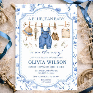 Convites Menina da Corda de Roupas Florais em Jeans Azul Ch