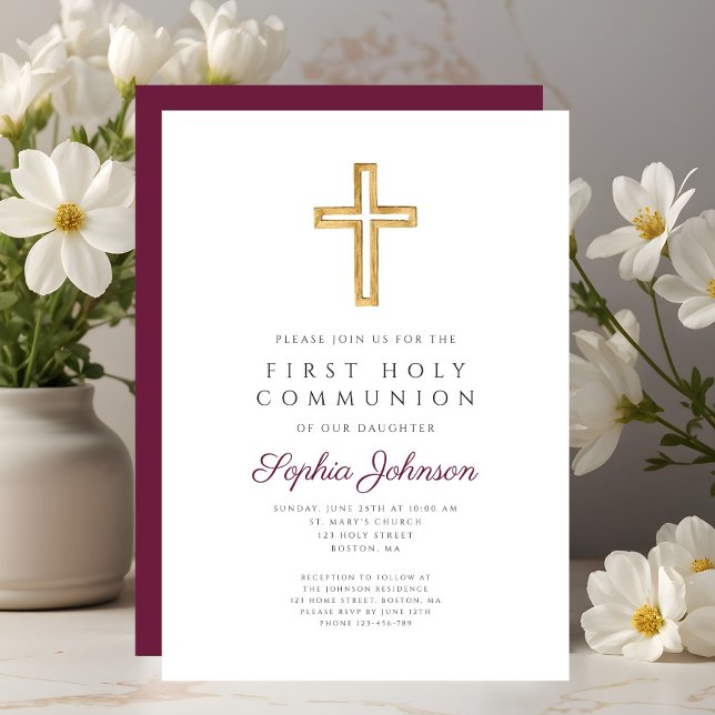 Convites Menina da Cruz Religiosa de Borgonha Primeira Comu (Burgundy Religious Cross Girl First Holy Communion Invitation)