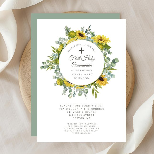 Convites Menina da Primeira Comunhão com Grinalda Floral El (Elegant Floral Wreath Girl First Communion Invitation)