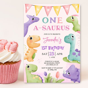 Convites Menina de 1º Aniversário Dinossauro Festa de A-Sau